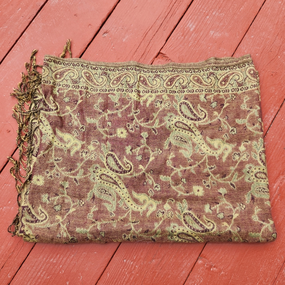 PASHMINA Scarf Paisley Green Tan Silk Fringe Shawl Wrap 26 x 70 - Picture 2 of 6